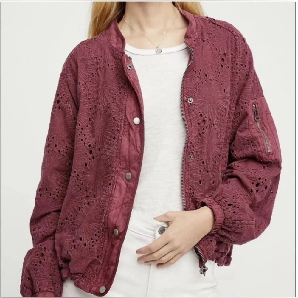 Free People Daisy Jane Eyelet Embroidered Bomber Jacket In Raspberry